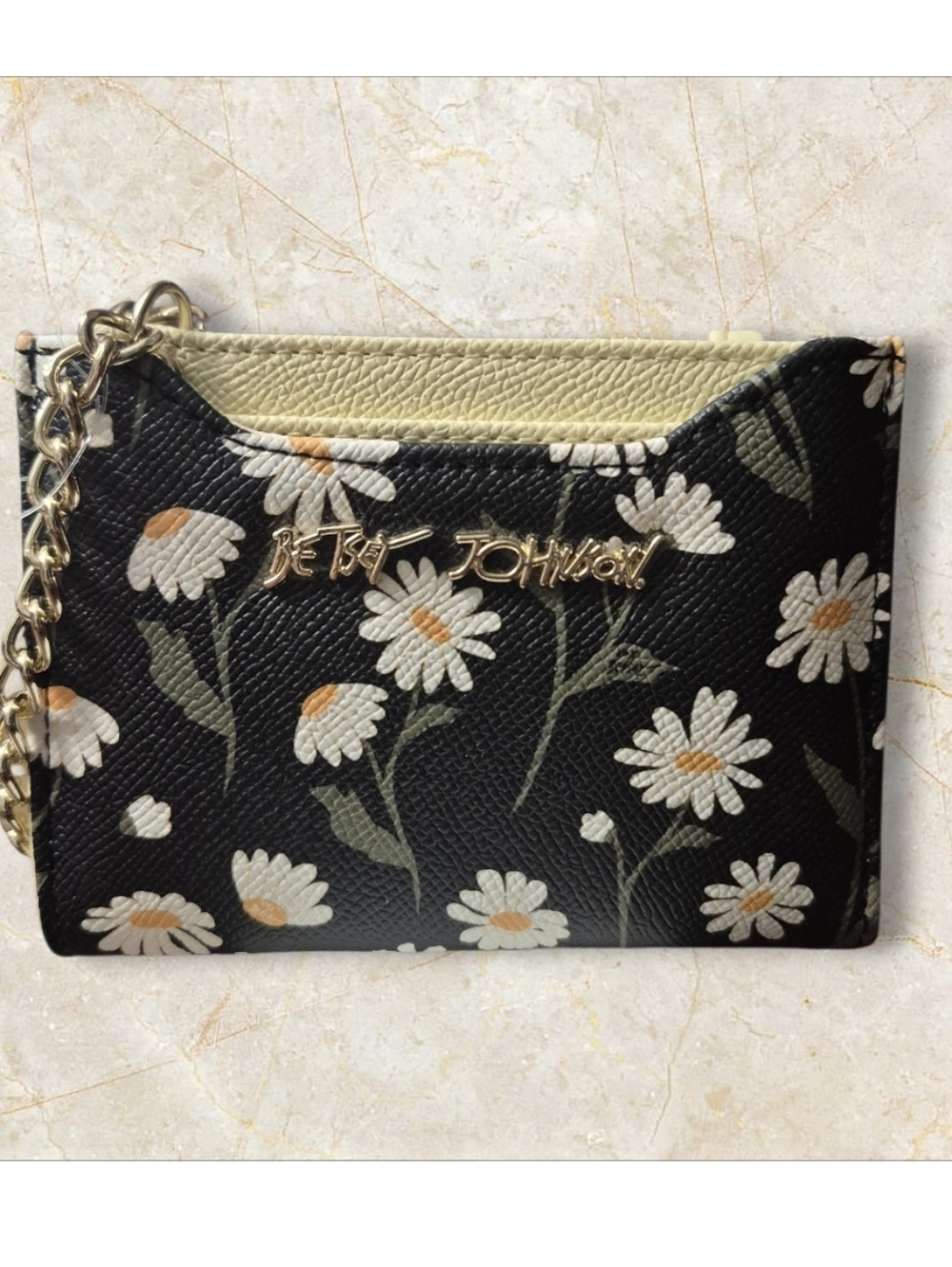Betsey Johnson Daisy Print Card Case Wallet, Black Faux Leather Yellow Daisy